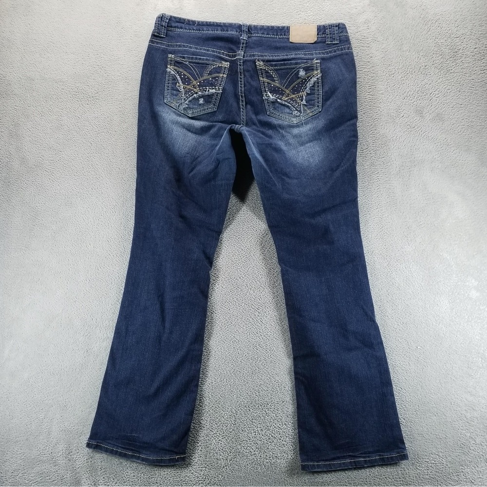 Amethyst Jeans Womens 16 Blue Bootcut Mid Rise Distressed Embroidered Studded - Picture 2 of 9